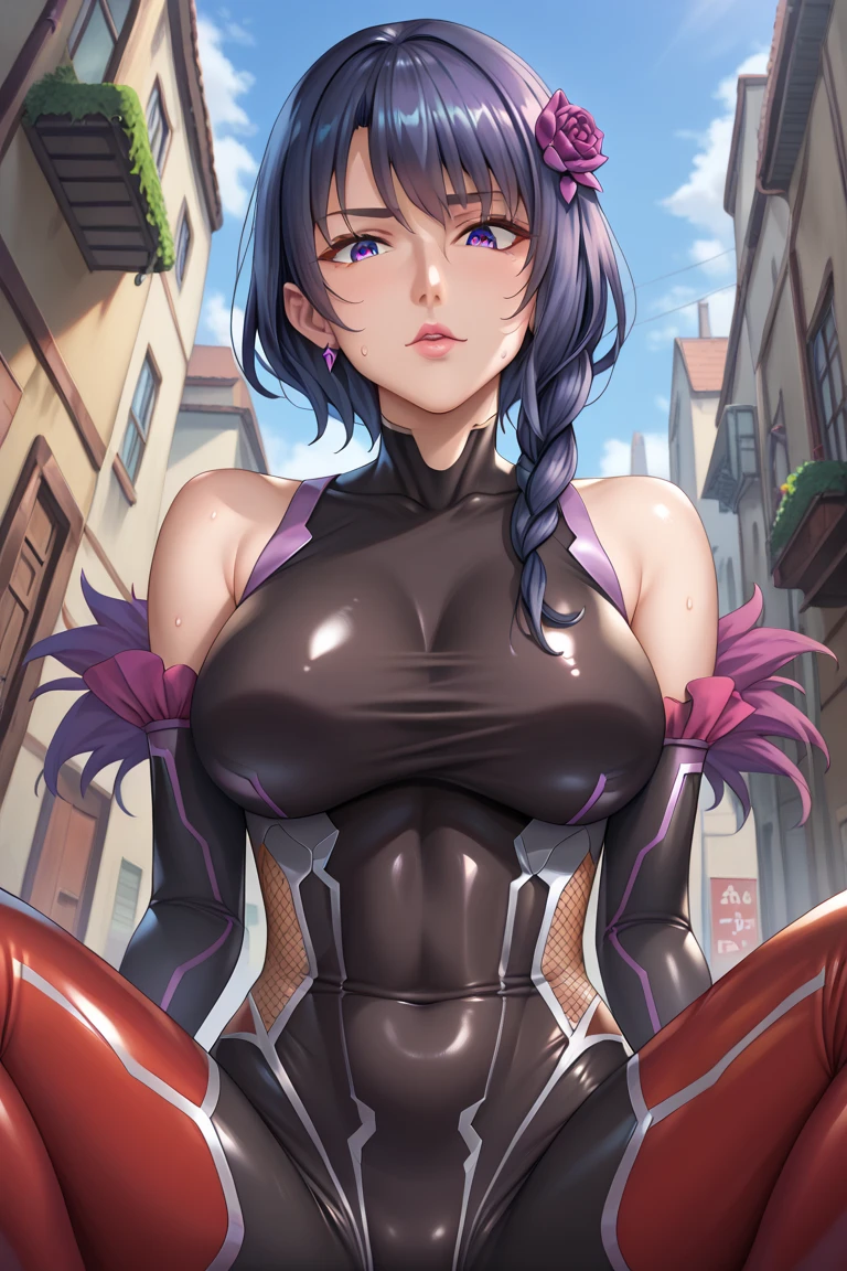  interruption source _Anime, viewers sweat a lot, 1 girl, bangs, underbust,  THIG-LENGTH SOCKS,large breasts, (taimanin suit), (two breast), , dark alleyナイトシティ,  taimanin suit, body suit, beautiful detailed eyes, ガニ股, latex, leotard, SM, Elsa granhilte, catch testicles,