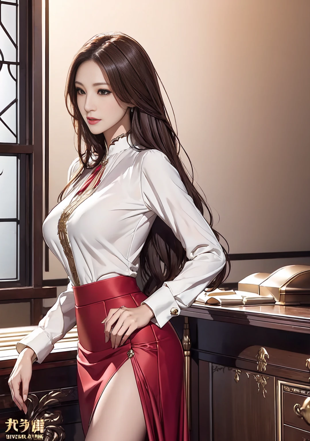 ❨Model figure with slender and beautiful breasts❩ ((An elegant clerk at an armor shop in adventure fantasy )) Detailed Portrait Hall of a Woman々Standing figure, red pencil skirt, white and red, military uniform with an open chest, intricate details, super high resolution, elegant face, superb sex appeal, sexy expression, straight hair, exquisite 5 fingers, emphasis on beautiful breasts, and a figure that combines sexiness and dignity