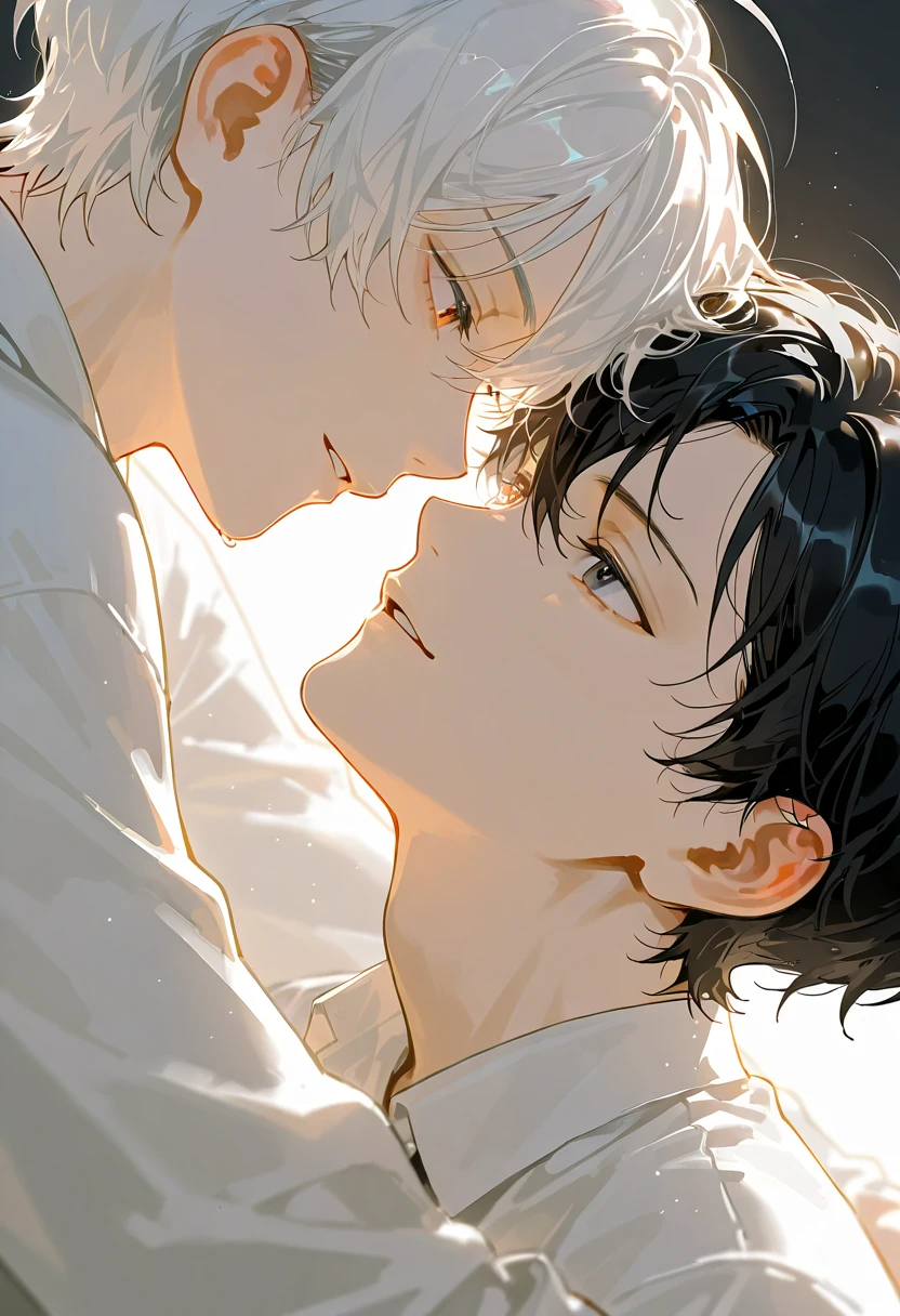 (Mastepiece), (Best Quality), Very detailed, ((Two men kissing on the cheek)), Perfect Face, Beautiful Face, Very detailed顔,(One black-haired man:1.3),(One white-haired man:1.3),shirt、smile