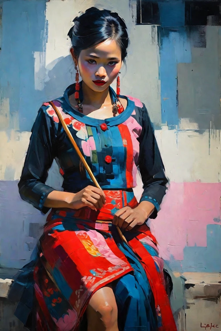 Create a contemporary portrait of a beautiful Kachin woman, Myanmar with Kachin Traditional dress, black and red dress in the
expressive and painterly style of Malcolm Liepke,
utilizing a palette of yellow, light pink, muted blue, dark
grayish blue, bright blue, very dark gray, and
light grayish blue.The portrait should feature a
close-up of the subject's face with strong,
dynamic
brushstrokes and a focus on capturing
the depth and texture characteristic of
Liepke's work. Use light pink and bright
blue for the highlights and vibrant
areas,while employing muted blue, dark
grayish blue, very dark gray, and light
grayish blue to create shadows and
depth. Ensure the background
complements
the portrait with subtle variations of the
same color 
palette, evoking a sense of modern
elegance and
emotional intensity