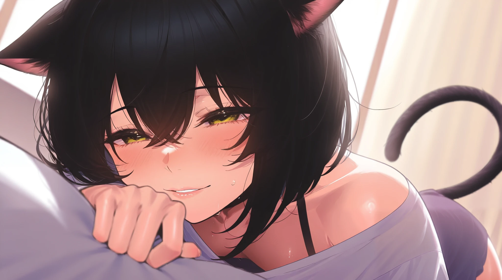 detailed illustration, dynamic angle, ultra-detailed, illustration, 1girl, 24 years old, cat girl, cat ears, cat tail, black hair, green eyes, wide eyes, detailed eyes, orgasm, open mouth, lidded eyes, horny, blush, kneeling down, fucked from behind, bed, grabbing sheets, tears in eyes, delight, enjoyment, hearts, bliss, naked, close up, head on, straight on, gasp, breath, sweating, red faced, panting, breathless, dizzy, amazed eyes, in heat, happy, excited, delight, loving it, breath, grinning, eyes closed, tongue out