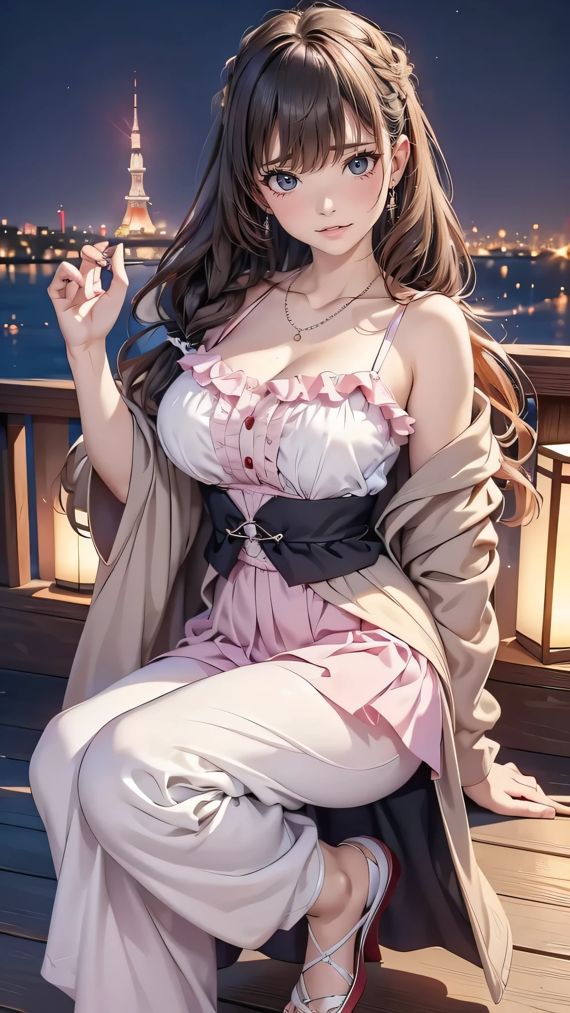 highest quality、High resolution、Detailed Background、(Beautiful face in every detail:1.4)、Anatomically correct、(Detailed facial expressions)、(Detailed eyes:1.2)、age beauty、(Highly detailed face:1.4)、Cute hair colour、Braided long hair、Wavy Hairstyle、Cute hairstyle、well-groomed eyebrows、Cute Eye Makeup、Cute Lip Makeup、Perfect body line、A neat and mature impression、Cute gestures、
(Two beautiful women having a good time with a night view spot in the background:1.5)、
For tops, we recommend chiffon blouses and shirts with frills that have feminine textures and details.、The colors are light pastels and creams.、beige、Pink and other colors give a cute impression、Knee-length flared skirts and pretty wide pants are stylish.、The skirt is made of chiffon or satin、Wide pants have a waist mark、
We recommend wearing a short jacket or cardigan as a cover-up.、
While giving an elegant impression、The color is beige、gray、Plain colors such as black are basic.、
Pumps and sandals are fashionable、We recommend a heel height of about 5cm.、
The feminine decorations, such as those with straps and ribbons, create a cute atmosphere.、Earrings、necklace、It is fashionable to combine it with rings etc.、
We recommend items with elegant textures such as pearls and jewels.、
Tokyo Tower、You can see the night view of the city center、A classic night view spot、The illumination at night is especially beautiful.、Tokyo Sky Tree、Calm atmosphere、very beautiful