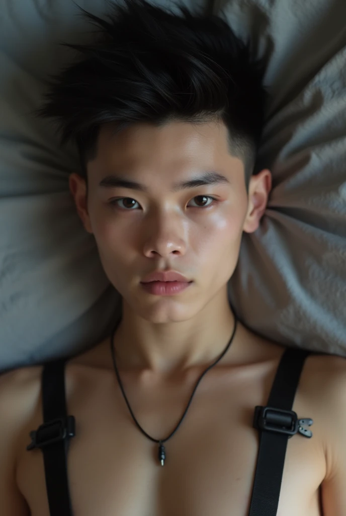 Asian 25yo guy , dark short hair with fade, muscular man, Appearance ,wearing only white transparent micro thong underwear,confident expression,Sharp jawline,vibrant skin,smiling,handsome face,Lying in bed,bedroom,professional studio lighting,realistic,In Ferrari, photorealistic:1.37,portrait,vivid colors,cool tone,soft lighting,smiling,The sight that welcomes me