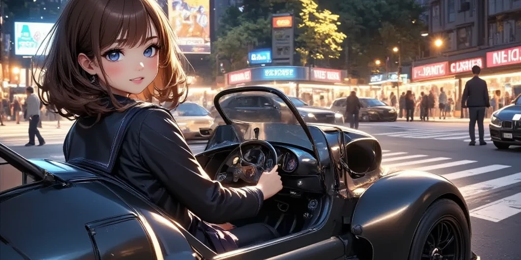  ((newest anime style girl\(inside car,JK,ray,JK,ray,JK,smirk, sailor uniform, pleated skirt ,looking away, racer driver,serious,big breast,huge breast, shiny skin, shiny, hair, beautiful eyes,shiny eyes,holding handle\)) driving car\((very realistic Ariel Atom , black color, mat black,Lightweight Car , 2-seater pipe frame body, Atom 3 .5,  at Public Road,motion blur, high-speed effect, drifting hard at corner,Dust smoke, shock wave,full body)\),from side,side shot, dynamic camera angle, dramatic camera angle, screen cap from racing game, longshot, wide-shot,great dynamism,tilt view,cityscape, focus on face of girl,bokeh)