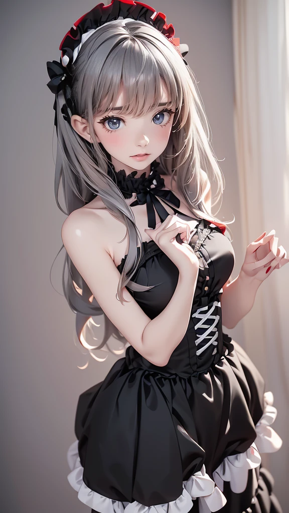 parfect ???????、top-quality、masuter piece、ultra-detailliert、8k、14years、Correct depiction of the human body、Full Body Angle、Delicately drawn face、Detailed eyes,Beautiful eyes、Infinitely clear eyes、Pretty face woman、Gothic Lolita Fashion、Black Gothic Lolita Fashion、Black and white costume、Beautiful silky silver hair:1.5、Red big hair ornament、Red ribbon hair ornament、Red big hair ornament:1.5、Standing、Front Angle、Full Body Angle、(((blurry backround:1.5、Photography Studio、greybackground:1.5、greybackground、Film Lighting、Professional Photographer)))