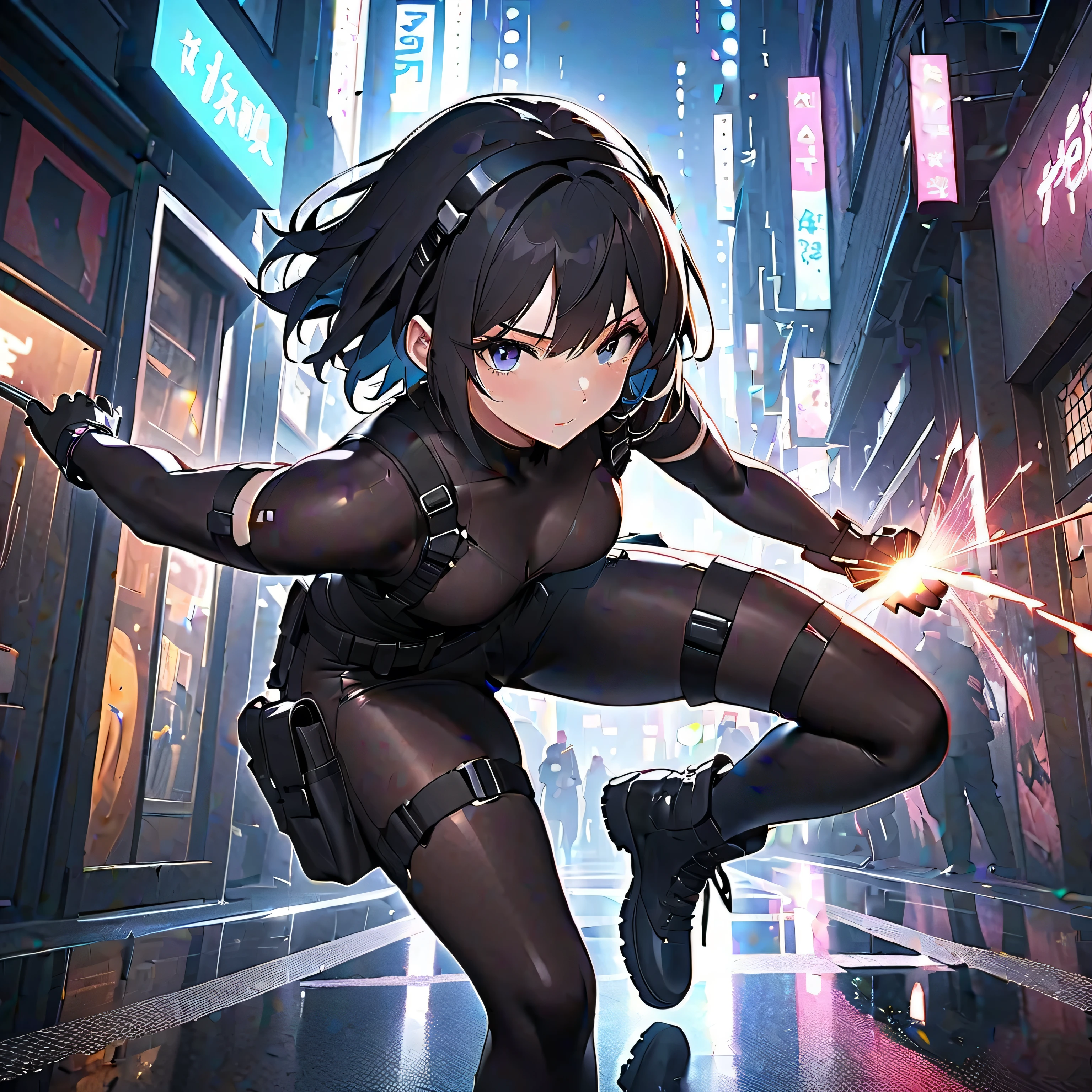 (1 mature female ninja,Age 35), ((Pub,guild)),(smile),Dynamic pose,Dynamic Angle,Pose for a photo,From below,Elderly woman、Trading Card Game Frames、Highest Rare、Five Fingers、Signature mark、Big Butt、Black Hair、Fighting Pose、Ninja costume、Full Body Suit、kunai、Japanese style cyberpunk、A ninja running through a modern city