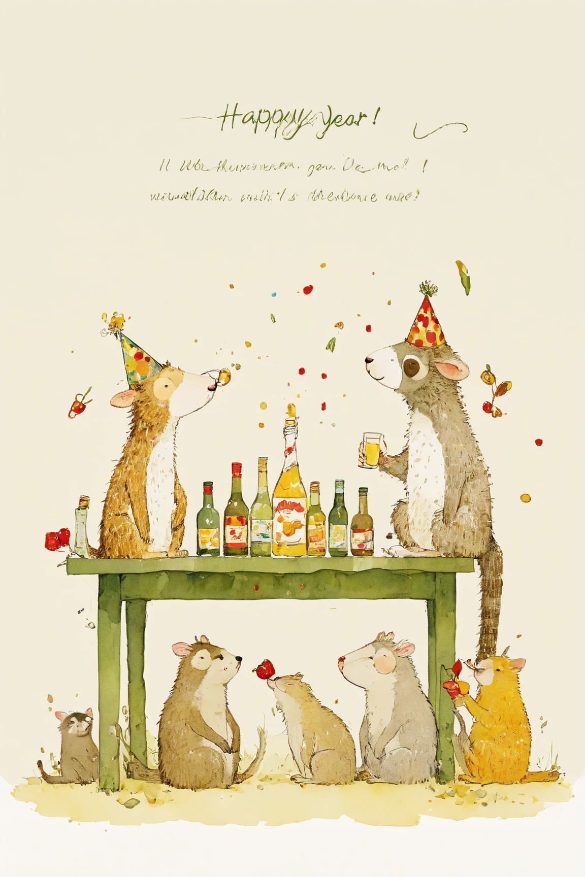 「happy new year」Signboard, New Year's Eve Party with Drunk Animals,  Red Faced Animals ,monkey,dog,cat,sheep,Rat, Meerkat ,butterfly, drink sperm with a , Very Complex and Detailed Ink Painting  ,  Colors of Ink and Silk  , Ink and watercolor illustrations , Ration,Book illustrations, watercolor,  Full Page Illustration  , Picture Book illustrations, very detailed, Cartoon anime animals,Party Hats,fruit,The animals that toast,cracker🎉🎉🎉