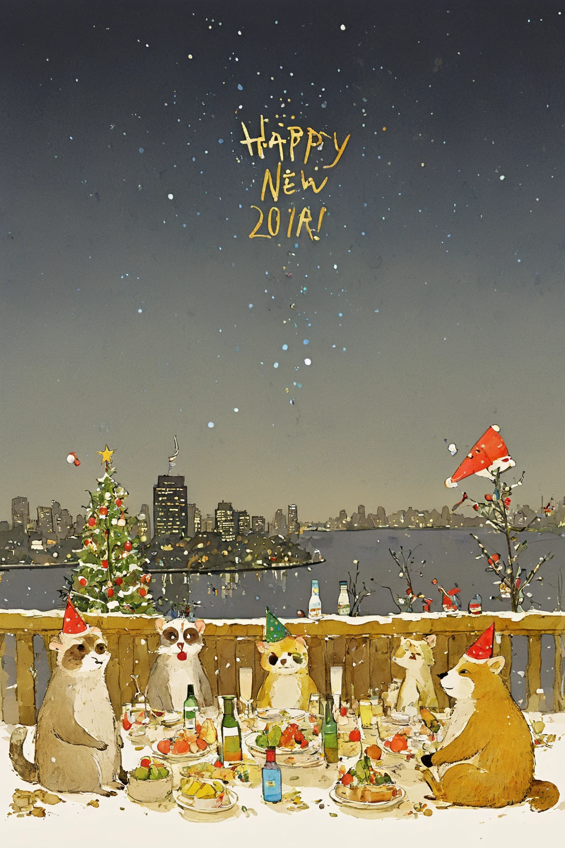 「happy new year」Signboard, New Year's Eve Party with Drunk Animals,  Red Faced Animals ,monkey,dog,cat,sheep,Rat, Meerkat ,butterfly, drink sperm with a , Very Complex and Detailed Ink Painting  ,  Colors of Ink and Silk  , Ink and watercolor illustrations , Ration,Book illustrations, watercolor,  Full Page Illustration  , Picture Book illustrations, very detailed, Cartoon anime animals,Party Hats,fruit,The animals that toast,cracker🎉🎉🎉