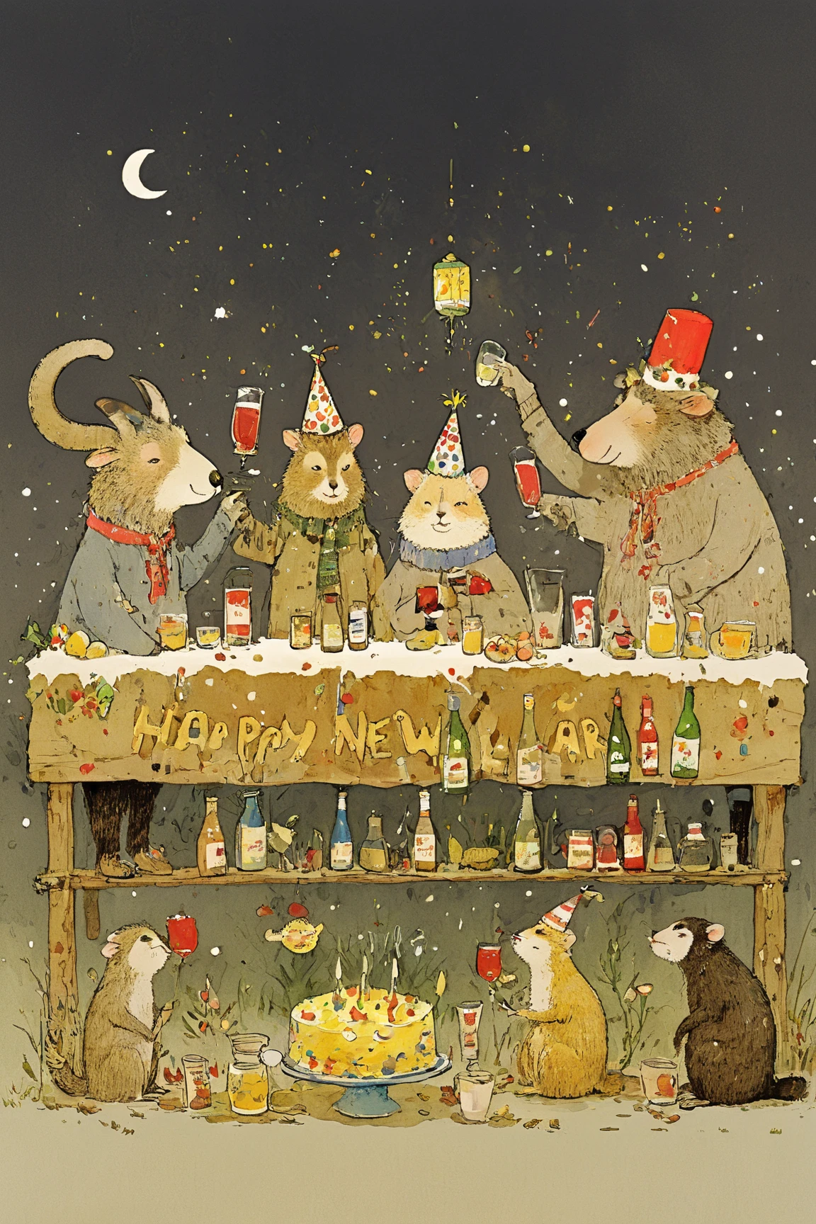 「happy new year」Signboard, New Year's Eve Party with Drunk Animals,  Red Faced Animals ,monkey,dog,cat,sheep,Rat, Meerkat ,butterfly, drink sperm with a , Very Complex and Detailed Ink Painting  ,  Colors of Ink and Silk  , Ink and watercolor illustrations , Ration,Book illustrations, watercolor,  Full Page Illustration  , Picture Book illustrations, very detailed, Cartoon anime animals,Party Hats,fruit,The animals that toast,cracker🎉🎉🎉