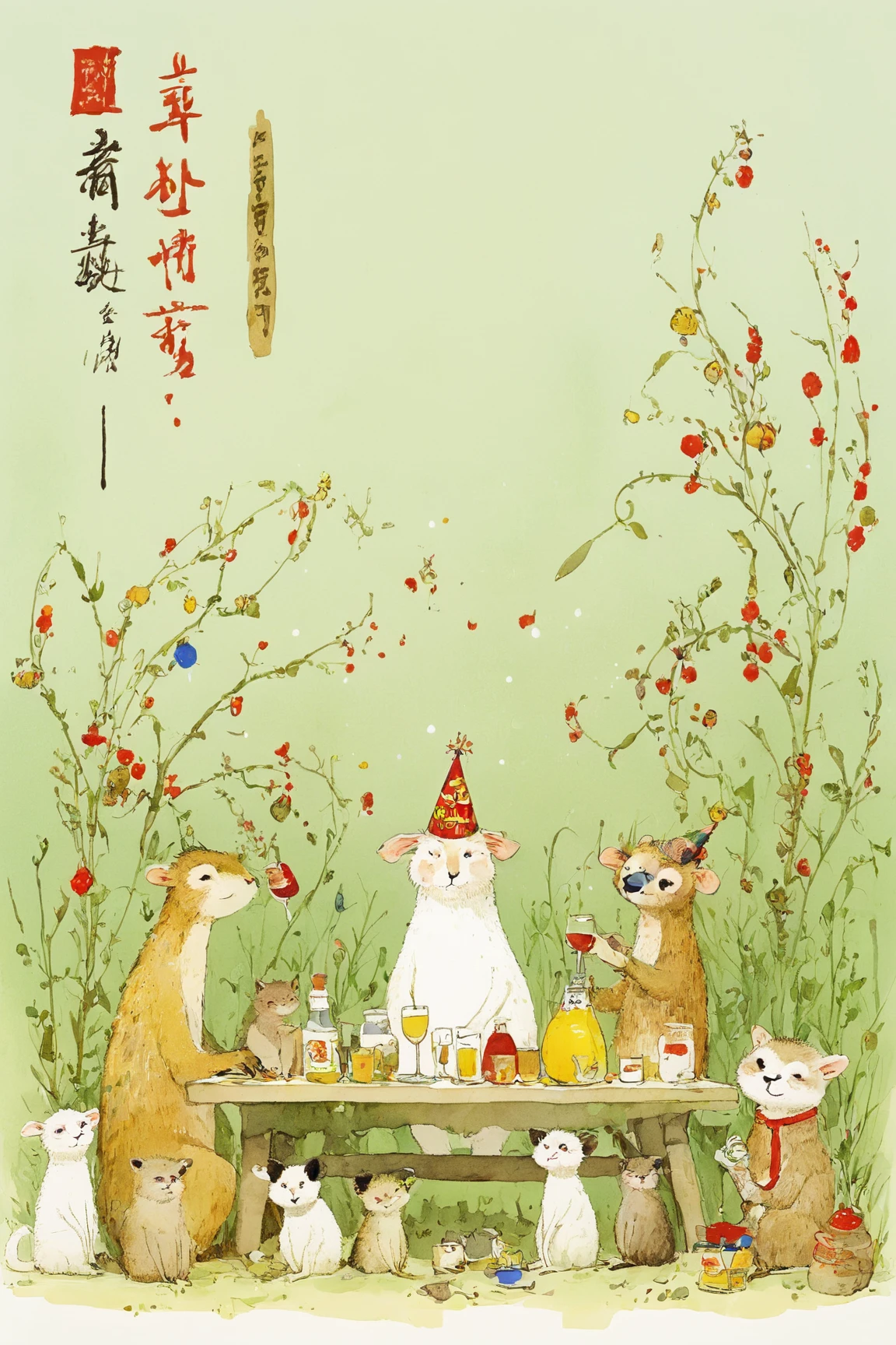 「happy new year」Signboard, New Year's Eve Party with Drunk Animals,  Red Faced Animals ,monkey,dog,cat,sheep,Rat, Meerkat ,butterfly, drink sperm with a , Very Complex and Detailed Ink Painting  ,  Colors of Ink and Silk  , Ink and watercolor illustrations , Ration,Book illustrations, watercolor,  Full Page Illustration  , Picture Book illustrations, very detailed, Cartoon anime animals,Party Hats,fruit,The animals that toast,cracker🎉🎉🎉