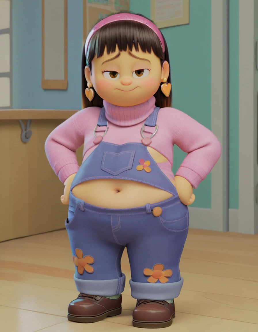 Abby_Park, zpdxl, zPDXLxxx, shy, blushing, narrowed eyes, light smile,

Chubby, plump, fat body, long black hair, hair with bangs, brown eyes,hair band, heart earrings, overalls, pink sweater, Full body, her belly button showing 

score_9, score 8, score 7, score 6,

1 girl, flat chest, source_cartoon, toony, screencap, 3d, 

looking at the viewer, in school, standing, hands on hips,