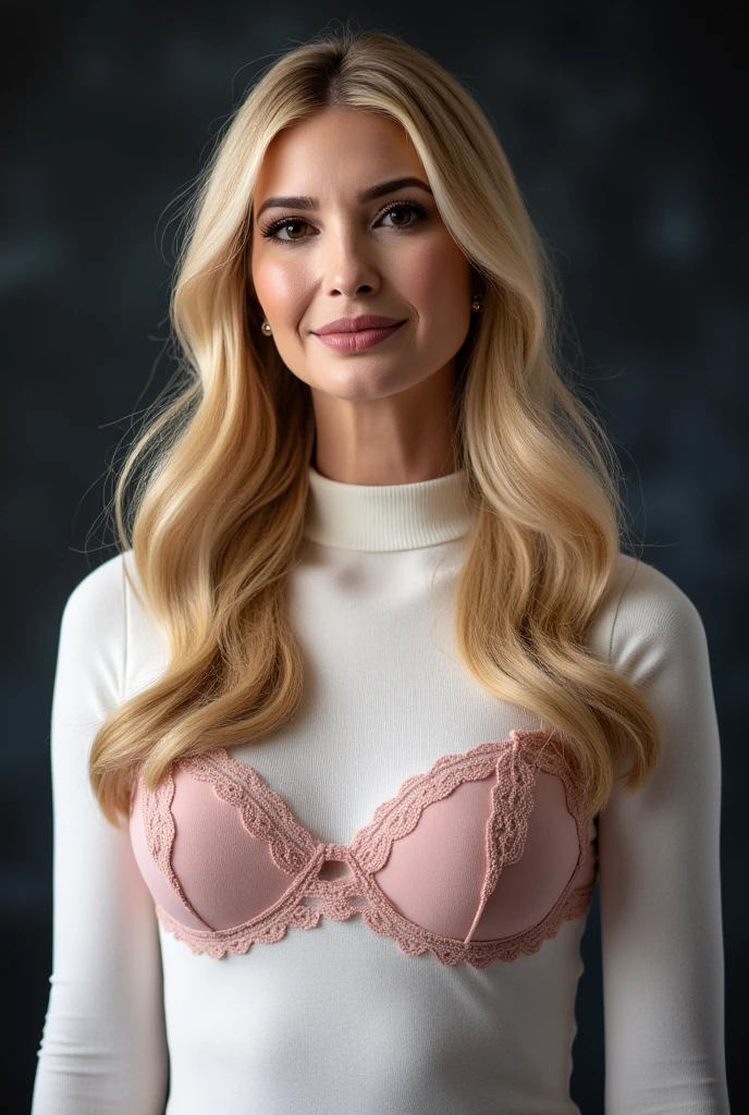 A professional portrait photo of ivankatrump, a tall woman. She has long blonde hair. She is wearing pink bra. She is looking at the viewer and she is smiling. She is wearing a knit white turtleneck sweater. The background is blurry and shows a dark photo studio canvas. The photo is professionally lit. 