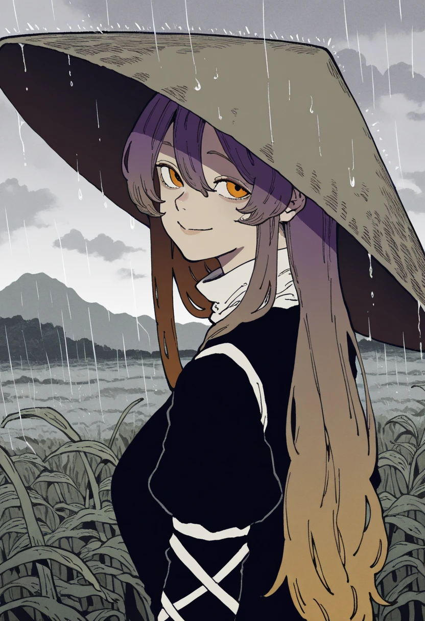 1 girl,, hijiri_byakuren, ajirogasa, brown_hair ,closed_mouth ,cloud, cloudy_sky ,grass ,grey_hat ,hair_between_eyes, hat, long_hair ,looking_at_viewer, looking_back ,orange_eyes ,outdoors ,overcast, rain ,sky ,smile ,solo, upper_body,
, munakata_(sekimizu_kazuki),dekosukentr ,ireading,kubo_tite_(style) ,remyaruku65, sokura_(mochichitose),
,masterpiece, best quality, newest, absurdres, highres,