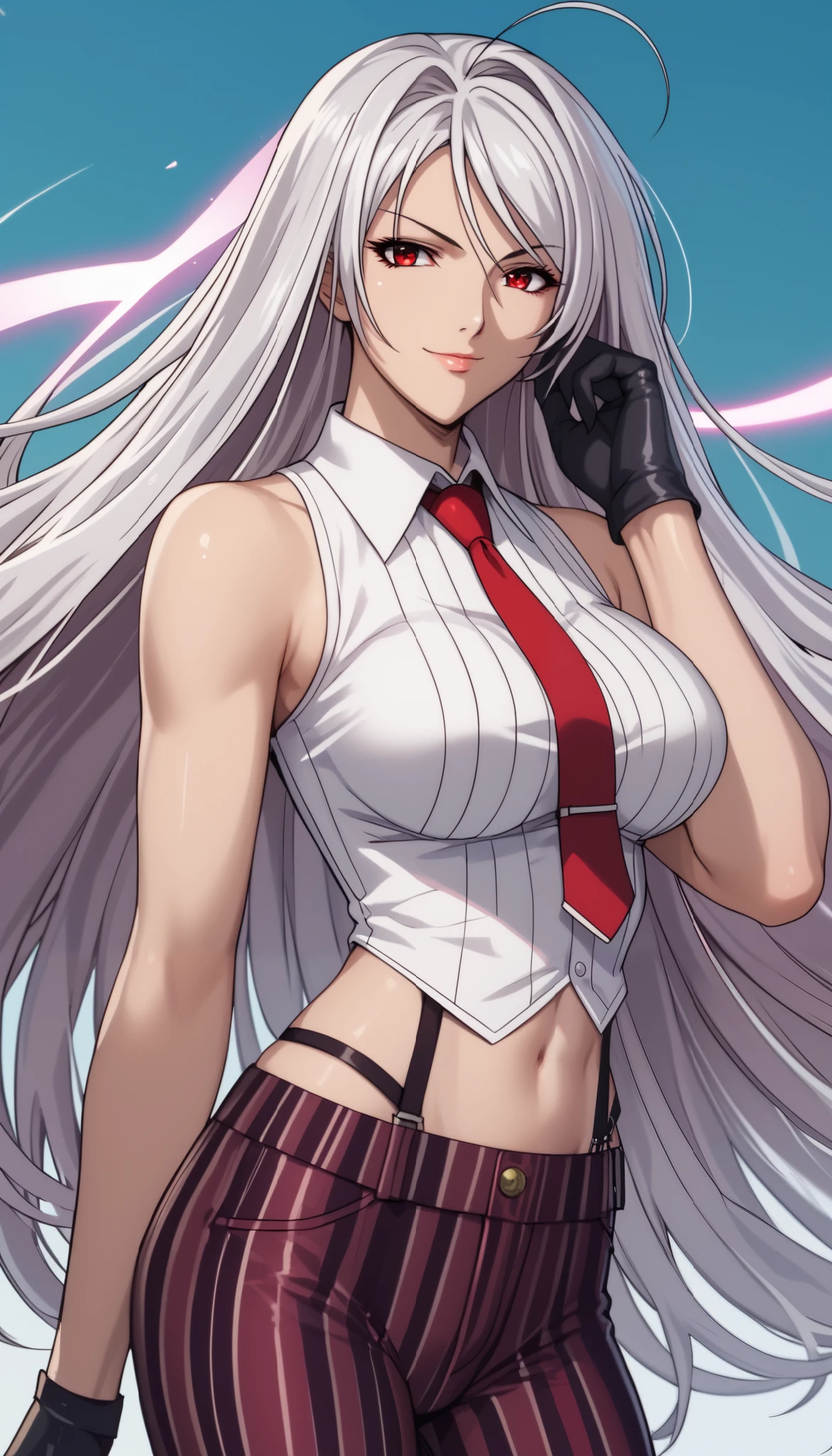 vampire moka akashiya, long hair, red eyes, ahoge, white hair, large breasts, sleeveless shirt, red necktie, black gloves, striped pants, navel, light smile,Shiny Hair、Tight waist、Small waist、Glowing Skin、(white background:1.2)、eight-headed body、Beauty、