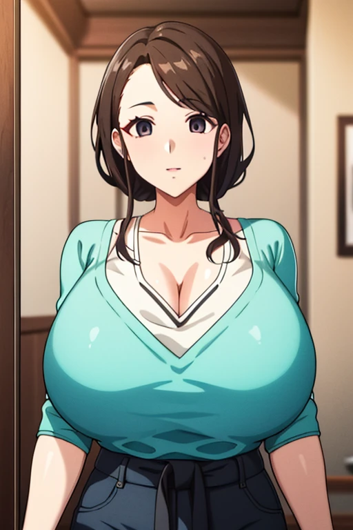 (超  high res,4K,  very detailed,    Show off the light on your face  , 8k,   high res,   high res,   absurd:1.2),  40 year old Japanese woman,expensive,    long black hair  ,  beautiful character design,  beautiful detailed depiction of eyes  ,perfect face,expressive eyes,  brown eyes,  natural smile  ,  buttoned shirt,Blue denim pants,(huge breasts:1.2),  thin waist,  viewersに向かって居間に立っています ,Daytime,  focus on the face  ,  viewers,  puffy eyes  ,  swimsuit