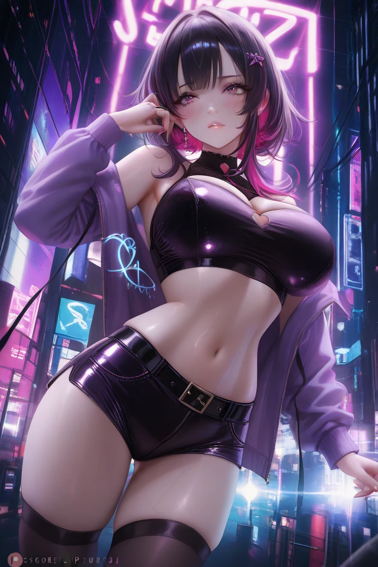 girl spacepunk,(1girl),((beautiful girl with cute cat ears)),
(large breasts:1.4),saggy breasts,((black hair,black messy hair,colored inner hair,long hair:1.5,absurdly long unkempt hair:1.35,long black hair,ear breathing,intricate cut hair)),((((cat ears,cat ears on head,big cat ears)))),(((neon_pink_eyes:1.3))),intricate eyes,beautiful detailed eyes,symmetrical eyes,((fat)),(((lustrous skin:1.5,bright skin: 1.5,skin tanned,shiny skin,very shiny skin,shiny body,plastic glitter skin,exaggerated shiny skin,illuminated skin,wet legs))),(spider lower abdomen,narrow waist,wide hip,athletic body,inflated legs,detailed body,(detailed face)),((perfect feminine face)),
cute,slutty,seductive,erotic,(((nsfw))),
(graffiti art in clothes),zettai ryouiki,revealing clothing,show skin,((((underboob)))),((cleavage)),(semi-naked,with little clothing),((tiny thong, armor thong intricate)),(large sport socks,visible thong straps,no bra),((underpants strap)),((((crop top hoodie,cropped hoodie,hoodie,hoodie intricate)))),(((wet clothes,intricate outfit,intricate clothes))),
(dynamic pose:1.0),solo focus,embarrassed,(centered,scale to fit dimensions,Rule of thirds),
cyberpunk city by the ocean at night, with bright neon signs and dark stormy clouds and puddles, scenery:1.25,nighttime, starry night, cosmos,Very dark night that makes the neon lights stand out, very bright neon lights,
artistic photography,(photography taken by sldr),highres, sharp focus,(ultra detailed, extremely detailed), (photorealistic artwork:1.37),(extremely detailed CG unity 8k wallpaper),((synthwave background theme)),(((vibrant colors))),intricate,(intricate background),(masterpiece),(best quality),perfect rendered face,perfect face details,realistic face,photo realistic,analog style,((intricate detail)),(((realism))),