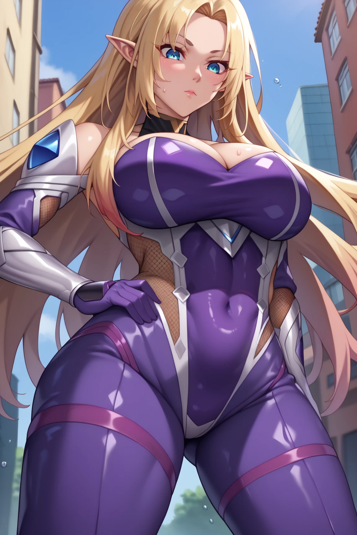  interruption source _Anime, viewers sweat a lot, 1 girl, bangs, underbust,  THIG-LENGTH SOCKS,large breasts, (taimanin suit), (two breast), , dark alleyナイトシティ,  taimanin suit, body suit, beautiful detailed eyes, ガニ股, latex, leotard, SM, (The Eminence in Shadow), catch testicles,