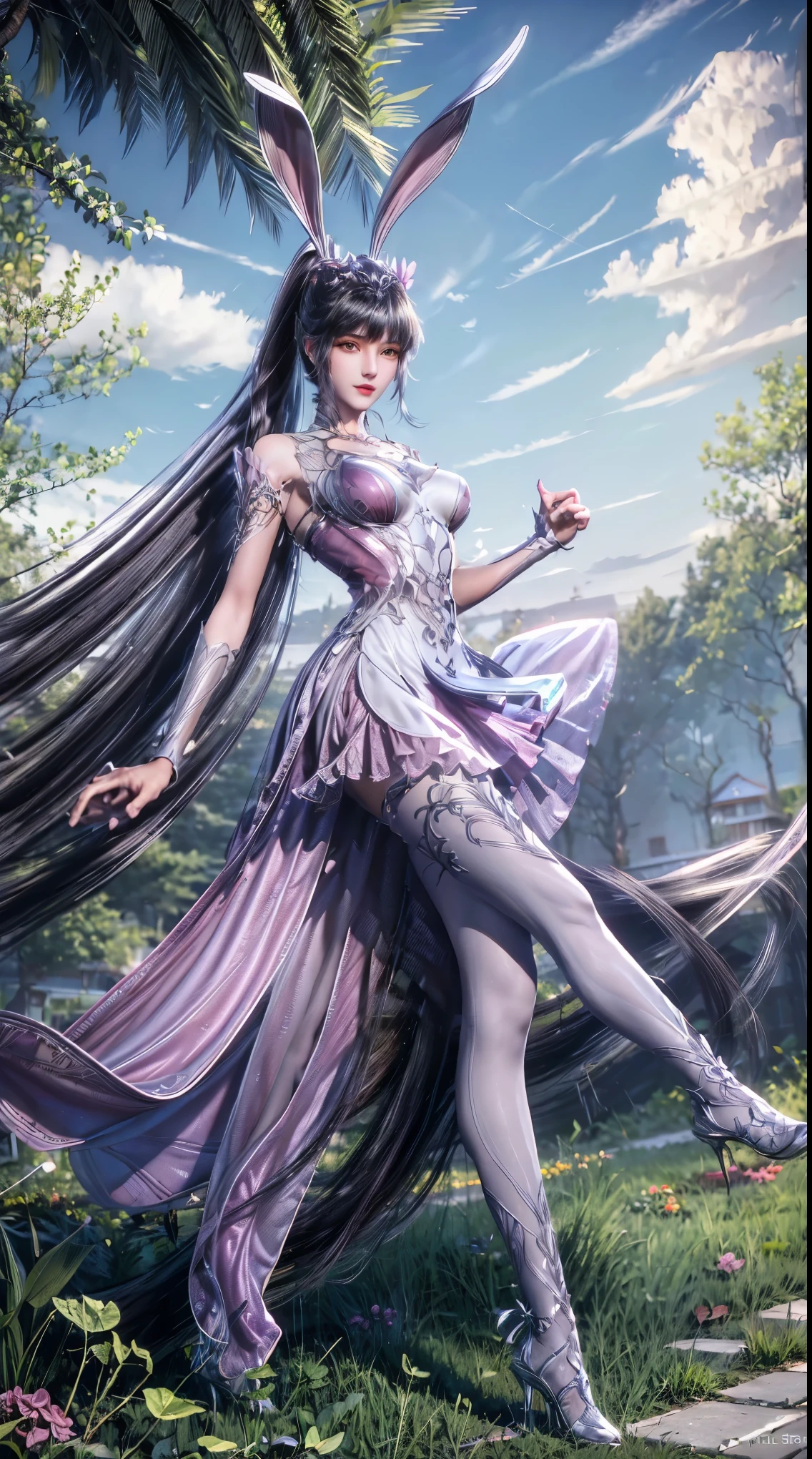(1girl:1.3), AgainXiaowu, DLDLxiaowu, Solo, animal ears, rabbit ears, long hair, full body, brown hair, ponytail, tree, hair ornament, high heels, thighhighs, metal collar, sky, palm tree, blue sky, very long hair, dress, breasts, collar, outdoors, looking to the side, flower, closed mouth, white thighhighs, pink dress, bare shoulders, medium breasts, white footwear, standing, white dress, grass, crossed legs, night, see-through