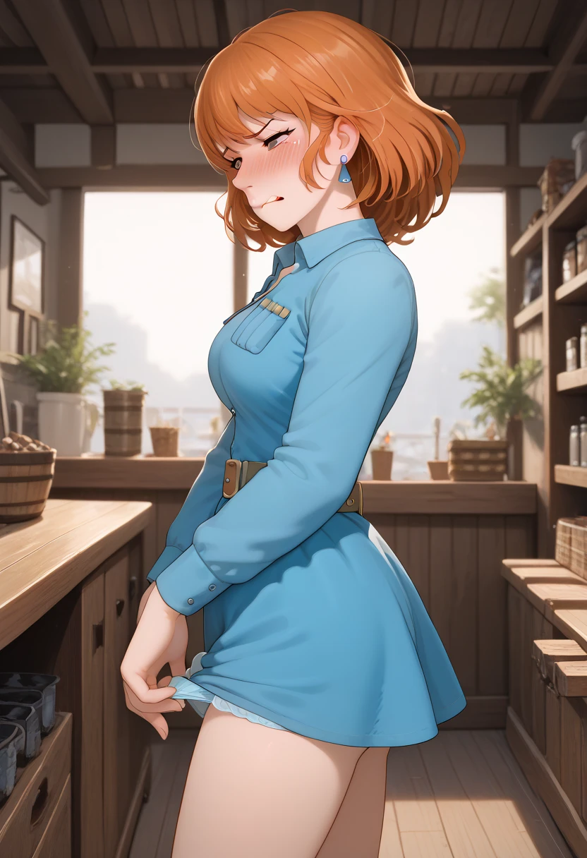 (Nausicaa,1girl,Orange hair, medium hair, brown eyes, medium breasts, earrings, (blue short hem dress:1.3), chest bullet holder, long_ sleeves, belt) from side view:1.1 (cowboy shot:1.2) Looking Side:1.5 (embarrassed:1.3) narrowed eyebrows:1.2 (frown:1.3) clenched teeth:1.5 (narrowed eyes:1.5) ( Next:1.5) troubled eyebrows:1.3 wavy mouth:1.2 (withdrawn face:1.6),nose blush embarrassed,blush:1.5 feeling weak:1.3 (holding blue panties unworn blue panties Unworn blue panties) hands panties standing:1.2 inner thigh:1.2 high quality panties:1.2 　An old wooden interior