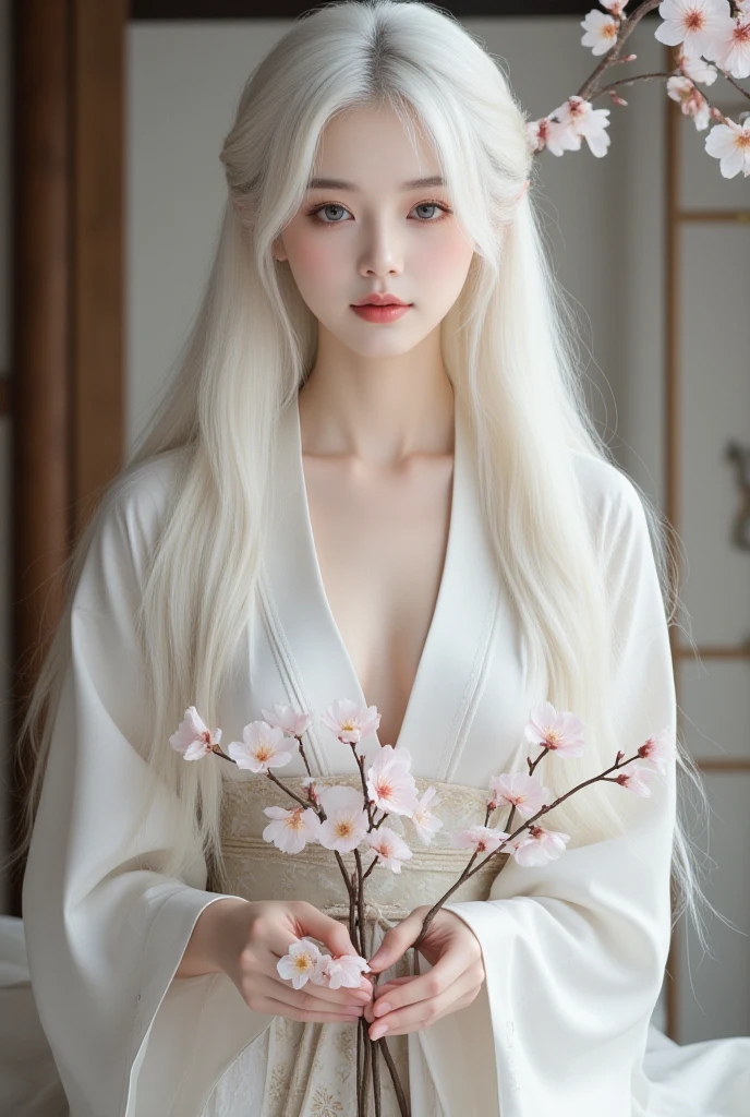 long white hair, kimono dress, holding cherry blossoms, realistic photo, real photo, real model, photography, Japanese background