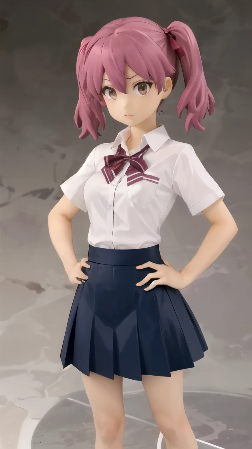 (masterpiece,best quality)), { , twintail_hair , pink_hair :  brown eyes, Natsumi Hinata} { : perfectly shape breast : : perfectly fit body : teenager : ***ite } { school_uniform : white_collar_shirt : grey_skirt : red_bow } {standing : hands_on_hip : figurine } { no_emotion : hypnotized_eyes } { } {  }