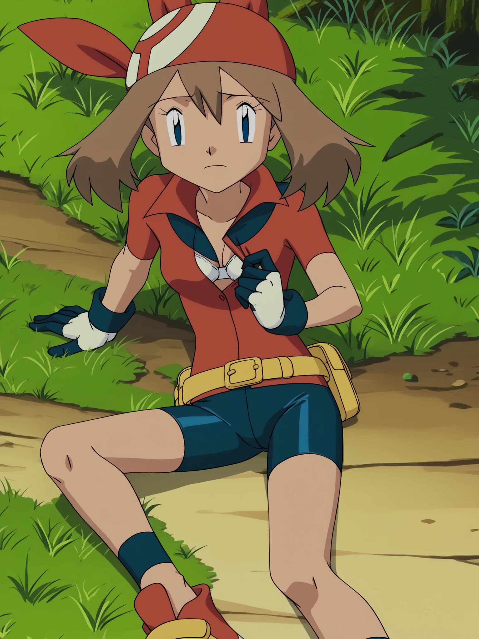 score_9, score_8_ up, score_7_ up, score_6_ up, (((anime screencap))), break, 
May PXL , (((pokemon, haruka, may))),  blue eyes,  brown hair,  short hair with shadows,  hair between eyes , Red Bandana,  red shirt, Short sleeve,  gloves,  white skirt, (((navy blue bike shorts))), (((Front View, crotch focus, crotch close up))),
Alone, (((long shot))), lying, spread leg,  are expressionless, 
 Watch Viewers , 
forest,