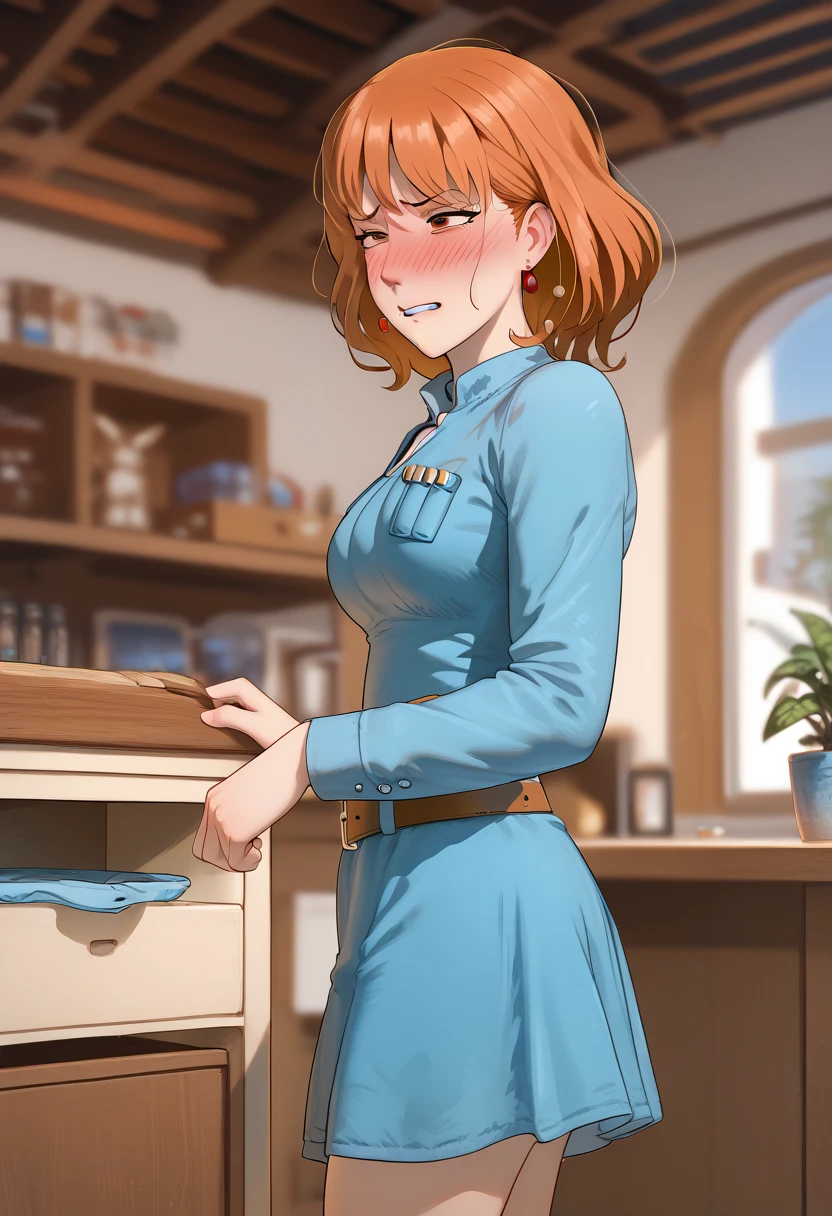 (Nausicaa,1girl,Orange hair, medium hair, brown eyes, medium breasts, earrings, (blue short hem dress:1.3), chest bullet holder, long_ sleeves, belt) from side view:1.1 (cowboy shot:1.2) Looking Side:1.5 (embarrassed:1.3) narrowed eyebrows:1.2 (frown:1.3) clenched teeth:1.5 (narrowed eyes:1.5) ( Next:1.5) troubled eyebrows:1.3 wavy mouth:1.2 (withdrawn face:1.6),nose blush embarrassed,blush:1.5 feeling weak:1.3 (holding blue panties unworn blue panties Unworn blue panties) hands panties standing:1.2 inner thigh:1.2 high quality panties:1.2 　An old wooden interior