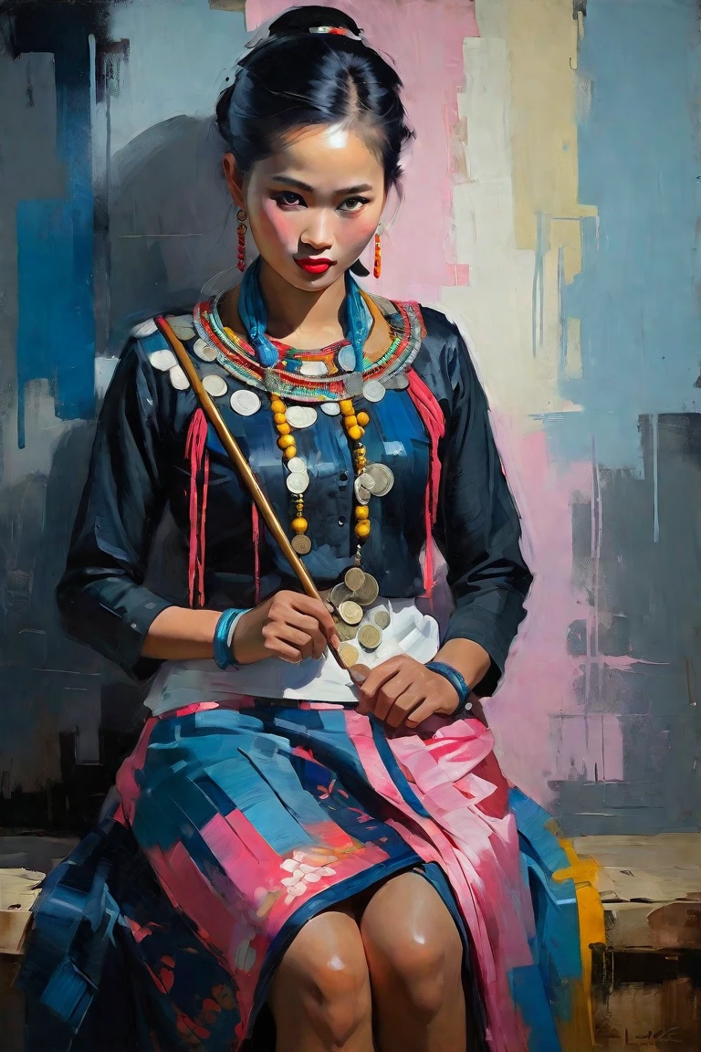 Create a contemporary portrait of a beautiful Kachin woman, Myanmar with Kachin Traditional dress, black long sleeve shirt and red skirt ,Decorated with silver coins, silver ring on the black shirt , in the
expressive and painterly style of Malcolm Liepke,
utilizing a palette of yellow, light pink, muted blue, dark
grayish blue, bright blue, very dark gray, and
light grayish blue.The portrait should feature a
close-up of the subject's face with strong,
dynamic
brushstrokes and a focus on capturing
the depth and texture characteristic of
Liepke's work. Use light pink and bright
blue for the highlights and vibrant
areas,while employing muted blue, dark
grayish blue, very dark gray, and light
grayish blue to create shadows and
depth. Ensure the background
complements
the portrait with subtle variations of the
same color 
palette, evoking a sense of modern
elegance and
emotional intensity