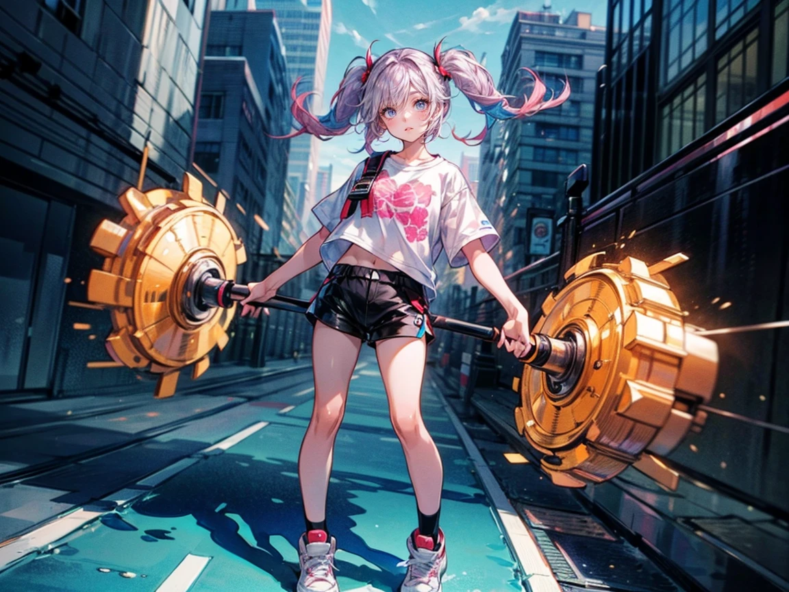 Full body view, woman standing confidently, 8K resolution, high detail, around 20 years old, (one female:1.5), vibrant-colored hair, twin tails, straight eyebrows, sanpaku eyes, upturned eyes, vivid pink irises, simple outfit, unique t-shirt, black shorts, sneakers, big city:1.0, buildings, bright blue sky, vivid color, ((UHD, masterpiece, super detail, best quality, highres, 8k)), (detailed line art), {perfect face, perfect body, perfect hands, perfect feet}