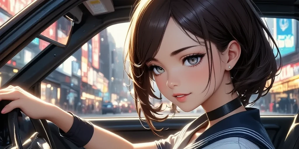  ((newest anime style girl\(inside car,JK,ray,JK,ray,JK,smirk, sailor uniform, pleated skirt ,looking away, racer driver,serious,big breast,huge breast, shiny skin, shiny, hair, beautiful eyes,shiny eyes,holding handle\)) driving car\((very realistic Ariel Atom , black color, mat black,Lightweight Car , 2-seater pipe frame body, Atom 3 .5,  at Public Road,motion blur, high-speed effect, drifting hard at corner,Dust smoke, shock wave,full body)\),from side,side shot, dynamic camera angle, dramatic camera angle, screen cap from racing game, longshot, wide-shot,great dynamism,tilt view,cityscape, focus on face of girl,bokeh)