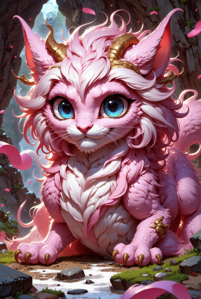 combines the characteristics of a cat and dragon. gaint, It has a connection with the three elements of earth, air and fire. fantasy setting, 8k, uhd, masterpiece, detailed. Pink fur with golden parts on head, neck and paws. Fluffy, long fur