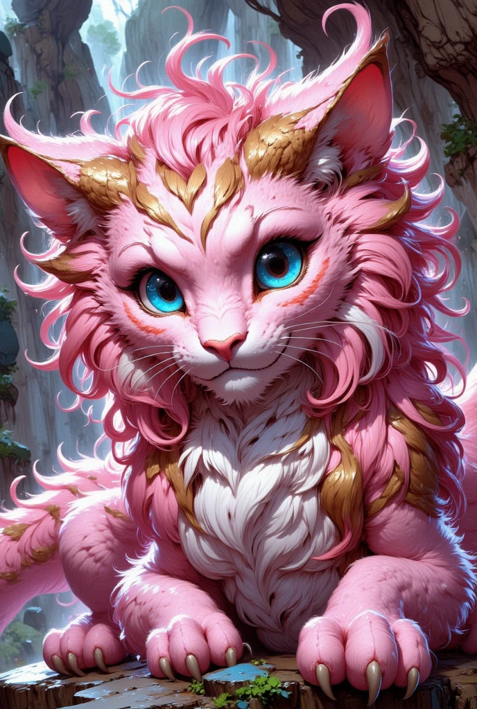 combines the characteristics of a cat and dragon. gaint, It has a connection with the three elements of earth, air and fire. fantasy setting, 8k, uhd, masterpiece, detailed. Pink fur with golden parts on head, neck and paws. Fluffy, long fur