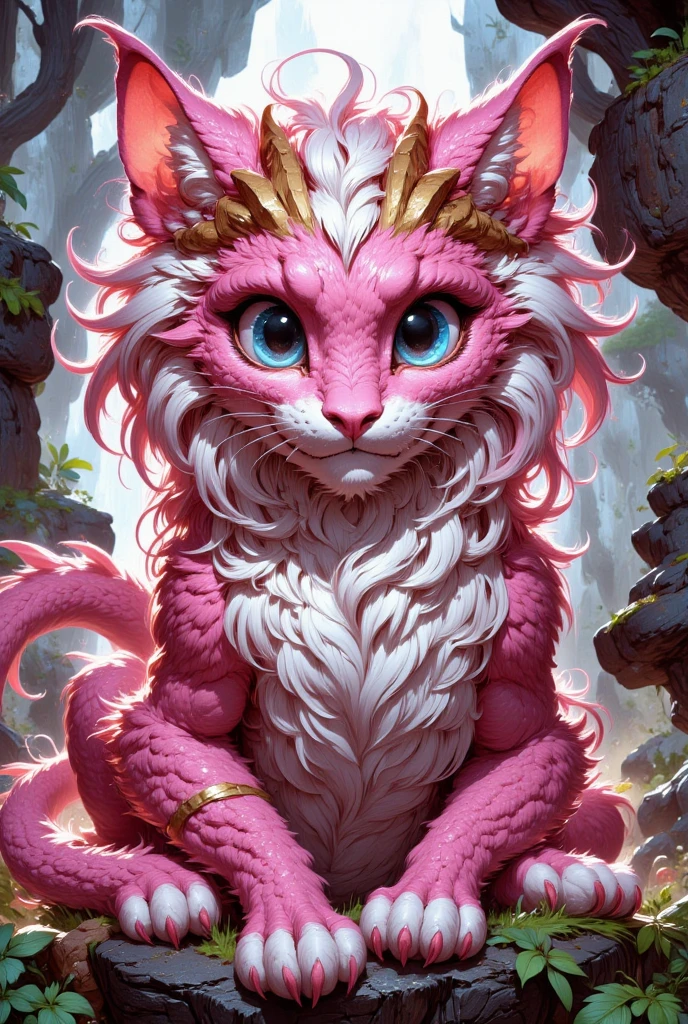 combines the characteristics of a cat and dragon. gaint, It has a connection with the three elements of earth, air and fire. fantasy setting, 8k, uhd, masterpiece, detailed. Pink fur with golden parts on head, neck and paws. Fluffy, long fur