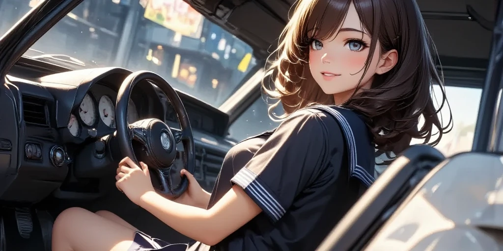  ((newest anime style girl\(inside car,JK,ray,JK,ray,JK,smirk, sailor uniform, pleated skirt ,looking away, racer driver,serious,big breast,huge breast, shiny skin, shiny, hair, beautiful eyes,shiny eyes,holding handle\)) driving car\((very realistic Ariel Atom , black color, mat black,Lightweight Car , 2-seater pipe frame body, Atom 3 .5,  at Public Road,motion blur, high-speed effect, drifting hard at corner,Dust smoke, shock wave,full body)\),from side,side shot, dynamic camera angle, dramatic camera angle, screen cap from racing game, longshot, wide-shot,great dynamism,tilt view,cityscape, focus on face of girl,bokeh)