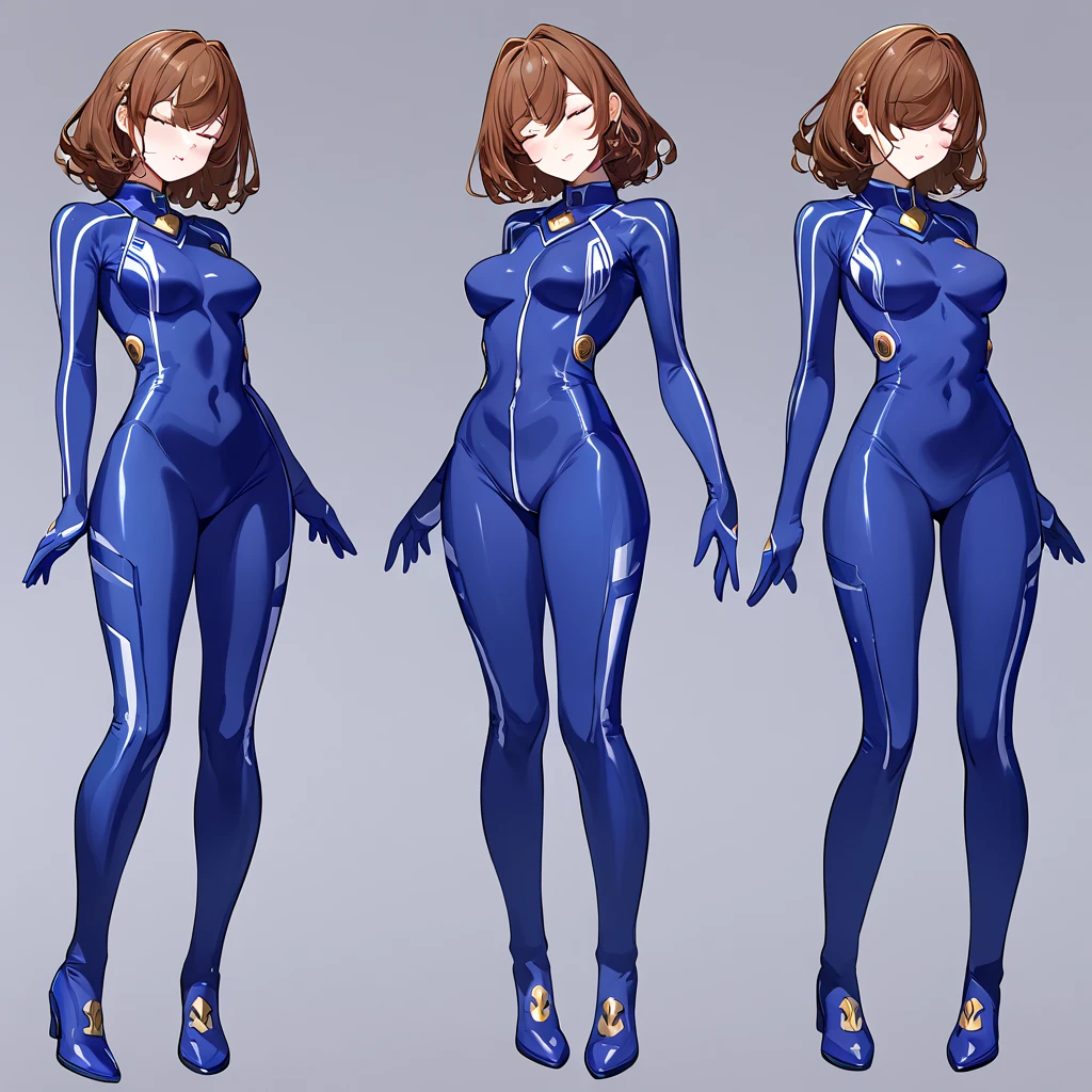 (( top quality )), ((masterpiece)), ( Details), （perfect face）、Brown-haired Gareon, who is closing her eyes, is wearing a blue full-body suit number suit and poses in a sexy pose showing her whole body