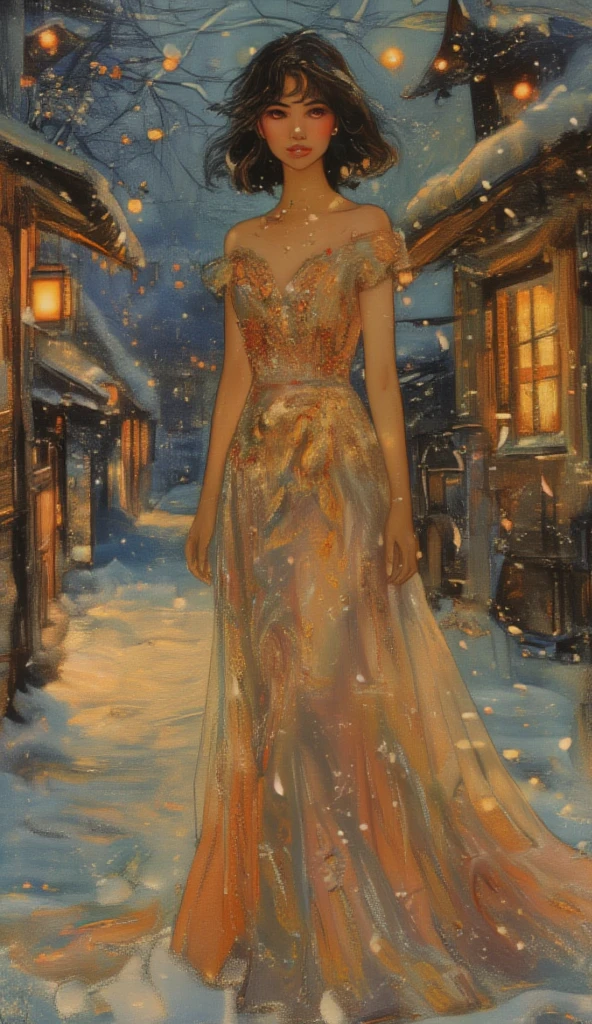 a full body image of a beautiful young woman, in a snowy village, cold atmosphere, detailed face and eyes, intricate clothing folds, soft lighting, winter landscape, warm color tones, photorealistic, cinematic composition, highly detailed A highly detailed full body fashion illustration, featuring a confident woman wearing an elegant evening gown, designed with intricate floral patterns and a long flowing train, accessorized with sparkling jewelry. ensuring the focus remains on the outfit and character design. The lighting is soft and even, highlighting the textures and details of the fabric. The image is presented in a clean, professional style, ideal for a high-fashion design portfolio.
