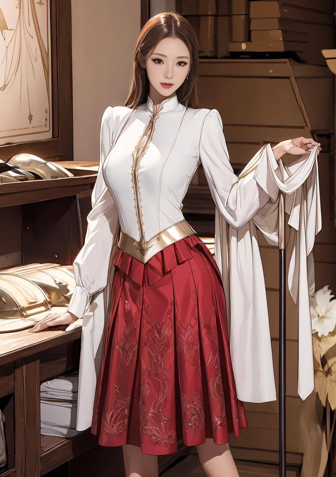 ❨Model figure with slender and beautiful breasts❩ ((An elegant clerk at an armor shop in adventure fantasy )) Detailed portrait of a woman standing tall 々Standing figure, white and red military uniform with an open chest in a micro skirt, intricate details, super high resolution, elegant face, superb sex appeal, sexy expression, straight hair, exquisite 5 fingers, emphasis on beautiful breasts, and a figure that combines sexiness and dignity