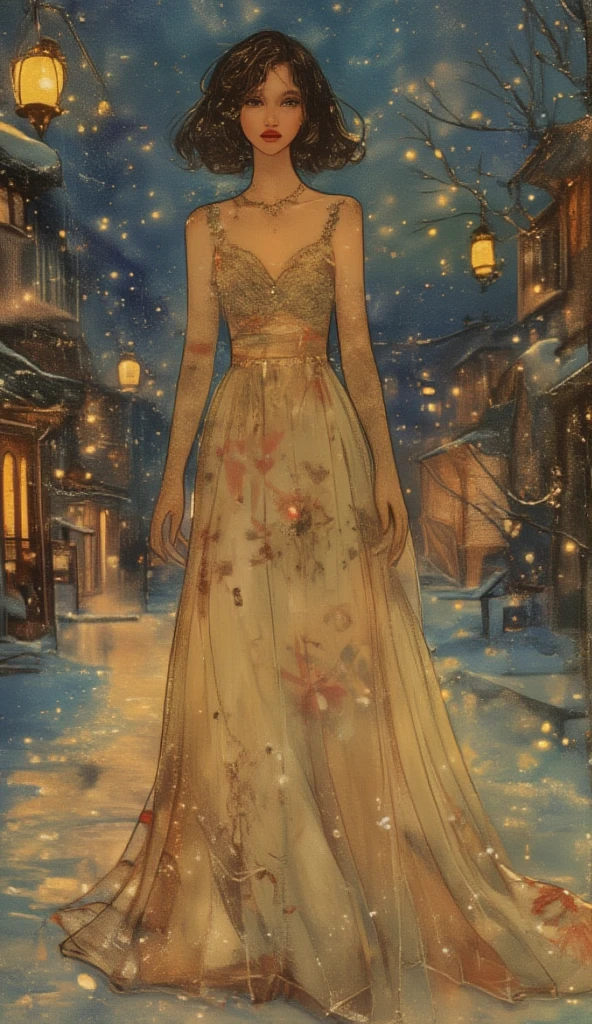 a full body image of a beautiful young woman, in a snowy village, cold atmosphere, detailed face and eyes, intricate clothing folds, soft lighting, winter landscape, warm color tones, photorealistic, cinematic composition, highly detailed A highly detailed full body fashion illustration, featuring a confident woman wearing an elegant evening gown, designed with intricate floral patterns and a long flowing train, accessorized with sparkling jewelry. ensuring the focus remains on the outfit and character design. The lighting is soft and even, highlighting the textures and details of the fabric. The image is presented in a clean, professional style, ideal for a high-fashion design portfolio.
