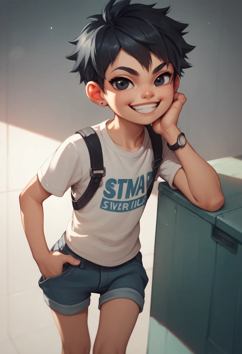 Strip tease Shota,  black hair,  black eyes ,  mischievous smile