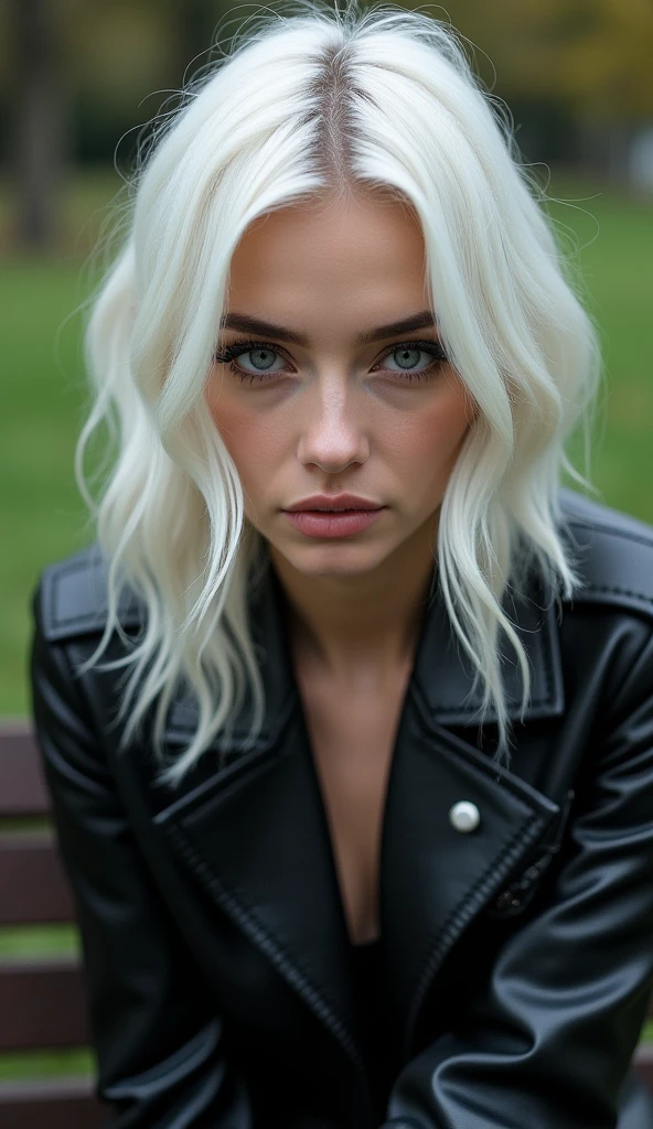 Full lenght, white hair, narrow face, grey eyes, girl, 18 years old, slim figure, almond-shaped eyes, button nose, full lips, european appearance, ultra highly intricate detailed, black eyeliner, leather summer dress, over knee boots, professional photography, ultra sharp focus, very beautiful