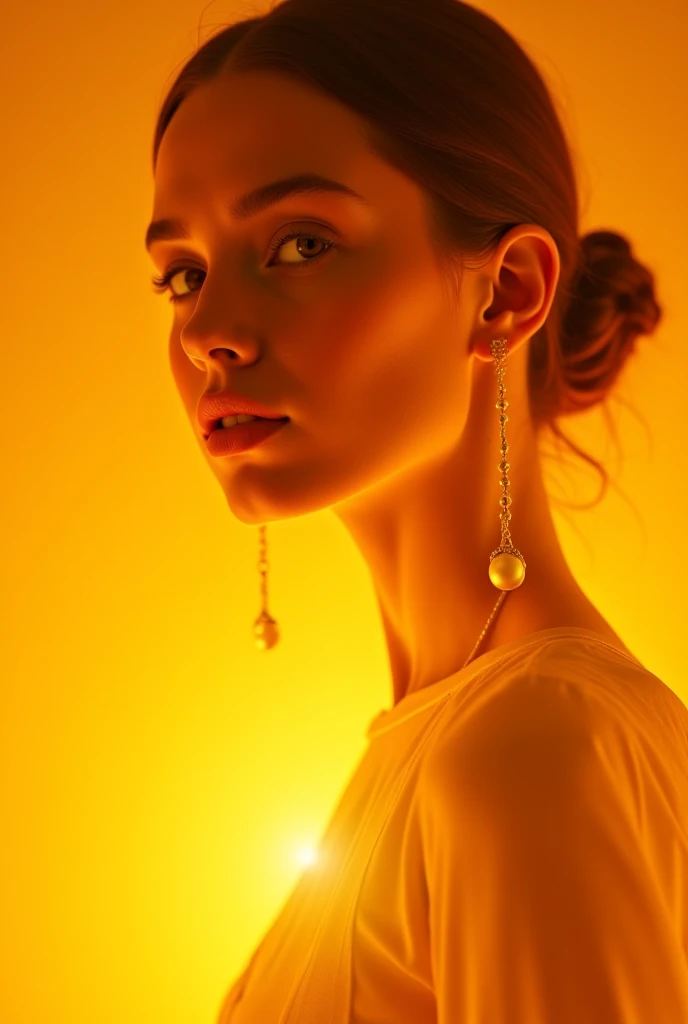 TV projector photoshoot. Photo of a woman with bright wide yellow and red light lines on her body and background. Face portrait shot. Wide bright yellow vertical stripes on her face.