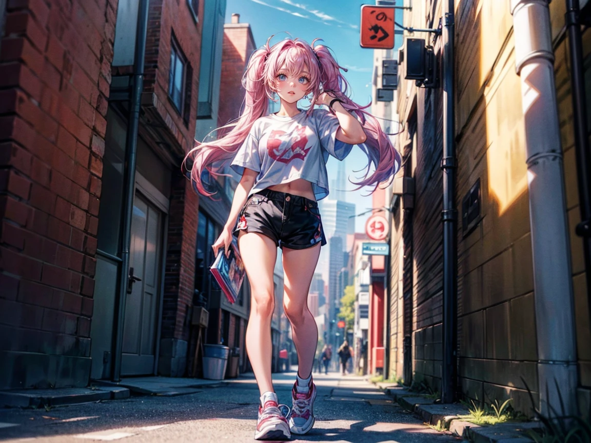 Full body view, woman standing confidently, 8K resolution, high detail, around 20 years old, (one female:1.5), vibrant-colored hair, twin tails, straight eyebrows, sanpaku eyes, upturned eyes, vivid pink irises, simple outfit, unique t-shirt, black shorts, sneakers, big city:1.0, buildings, bright blue sky, vivid color, ((UHD, masterpiece, super detail, best quality, highres, 8k)), (detailed line art), {perfect face, perfect body, perfect hands, perfect feet}