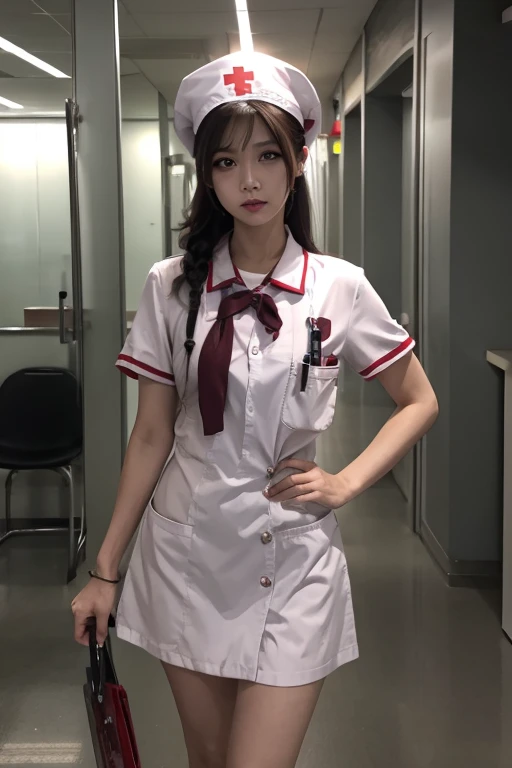 Raised sexy，huge tit，Slimming the waist，A half body，The appearance of a Hong Kong girl，18-year-old appearance，The kinky is exposed，Attractive nurse clothing，Nurse cap，Nurse's skirt，Ultra-low-cut clothing，Photorealsitic，