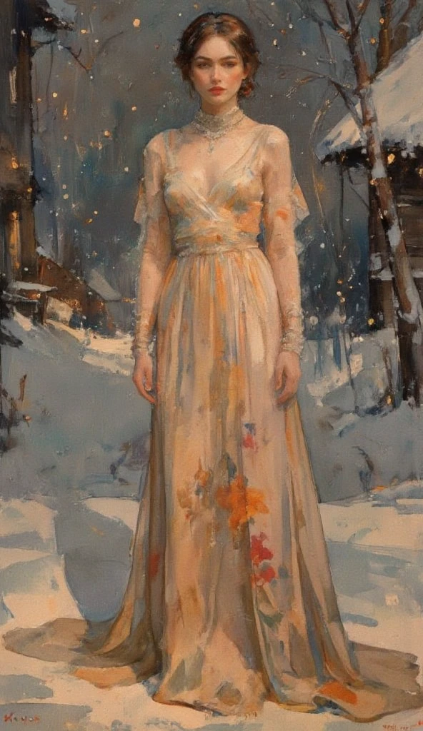 a full body image of a beautiful young woman, in a snowy village, cold atmosphere, detailed face and eyes, intricate clothing folds, soft lighting, winter landscape, warm color tones, photorealistic, cinematic composition, highly detailed A highly detailed full body fashion illustration, featuring a confident woman wearing an elegant evening gown, designed with intricate floral patterns and a long flowing train, accessorized with sparkling jewelry. ensuring the focus remains on the outfit and character design. The lighting is soft and even, highlighting the textures and details of the fabric. The image is presented in a clean, professional style, ideal for a high-fashion design portfolio.
