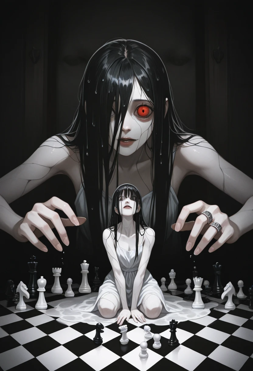 masterpiece, best quality, amazing quality, very aesthetic, absurdres, newest, best quality, 2.5D, japanese horror, analog horror, creepy, haunting, psychological horror, dark atmosphere, traditional anime, ghost girl, long black hair covering face, pale white skin, white dress, cursed, vengeful spirit, bloodshot eyes, wet hair, dramatic lighting, dark shadows, eerie, unsettling, horror elements, japanese urban legend, supernatural, ghostly, ethereal, disturbing, ominous, threatening aura, psychological, dread inducing, film grain, VHS aesthetic, cursed tape, well scene, japanese horror movie style, ring reference, dark background, moonlight, foggy atmosphere, decay, abandoned, wet, dripping water, torn clothes, dirty dress, pale hands, crawling pose, distorted limbs, contorted body, black veins, horror composition, deep shadows, low key lighting, film noir style, vintage horror, yūrei aesthetic, japanese ghost folklore, cursed being, malevolent spirit, dark fantasy, horror manga style, junji ito inspiration, detailed linework, atmospheric horror, psychological tension.
sadako_yamamura , ghost girl, long black hair covering face partially, pale white skin, wet white dress, sitting at chess table, chess pieces, chess board floor pattern, chess themed well in background, looking at viewer, face visible through hair strands, bloodshot eye visible, threatening pose, moving chess piece with pale hand, first person perspective, checkered floor pattern extending into darkness, chess pieces scattered around, dark misty atmosphere, haunting chess game, black and white tiles fade into shadows, cursed chess match, vintage chess set, medieval chess pieces, abandoned chess room, wet chess pieces, dripping water effects, horror atmosphere, dark room, candlelight on chess board, multiple reflections in chess pieces, viewer as opponent, twisted chess game setting, japanese horror ambiance, nightmare chess scene, horror portrait composition, face to face with viewer
trypophobia,