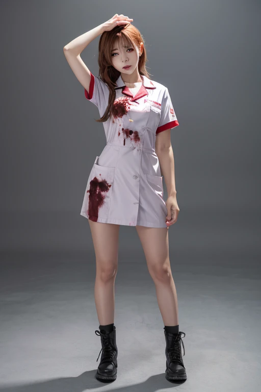 a picture of vampire nurse in a dark hospital, goth hospital, exquisite beautiful nurse, ((full body shot: 1.5)), ((anatomically correct: 1.5)), (ultra detailed face: 1.2), pale skin, dynamic hair style, dynamic hair color, wearing white silk nurse, small cleavage, nurse robes, white skirt,(holding blood transfusion bag: 1.3), BloodSoakedAI, goth hospital background, dark fantasy art, goth art, Hyperrealism style, vibrant, Ultra-high resolution, High Contrast, (masterpiece:1.5), highest quality, Best aesthetics), best details, best quality, highres, ultra wide angle, 16k, [ultra detailed], masterpiece, best quality, (extremely detailed) RAW, BloodSoakedAI, vampire teeth