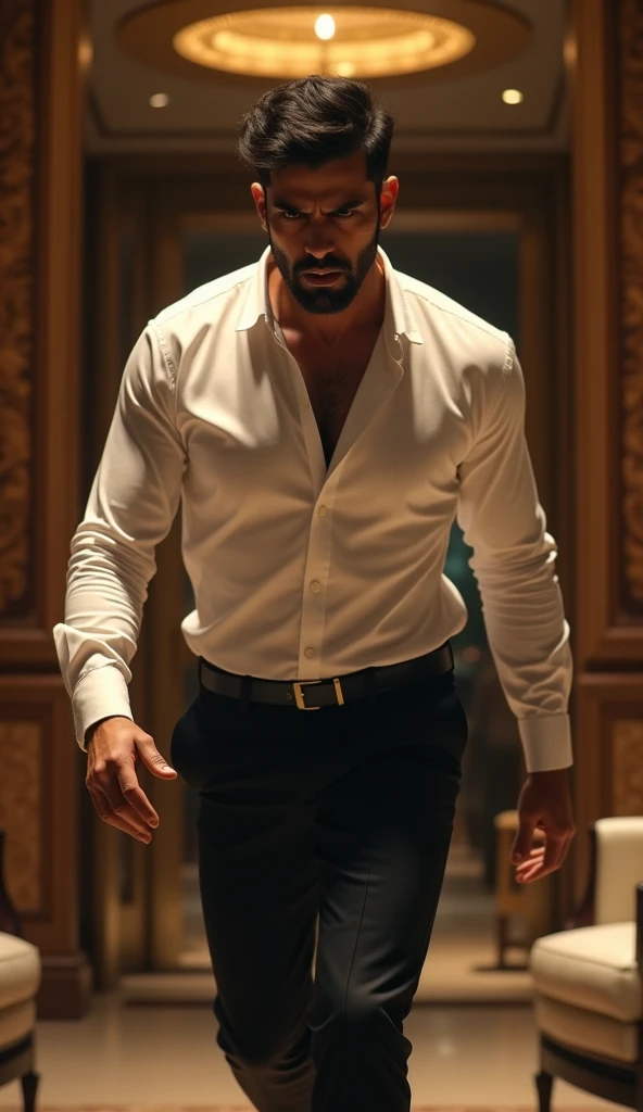 masterpiece, best quality, Face, Natural Eyes, European, Bigfoot, Black socks, whole body, White shirt ,Black suit pants，Big bulge, Long legs, Looking at the audience, 30 years old, muscular and mature, Slim waist, Short hairstyle,blue eyes, rinse, sex, Sweating, Tight cloth, Standing ,Face上有伤疤,Blurred background,Battlefield ruins background,,凶狠的Face