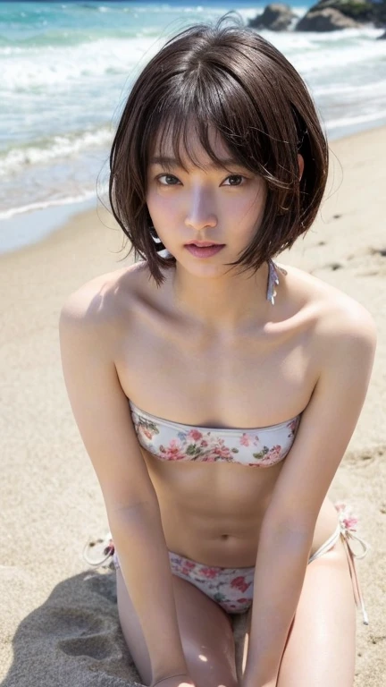 Top Quality, Ultra High Definition, (8k, RAW Photos, Best Quality, Masterpiece: 1.2), (Realistic, Photorealistic: 1.37), Ultra Detailed, 1 Girl, Solo, Beautiful Detailed Sky, Detailed Cafe, Night, Sitting, Date, (Blushing), (Smile: 1.1), (Closed Mouth), (Shirt with Collar: 1.1), (1 Beautiful Woman, Nude, Large Open Legs, Lying Down), ( Indistinguishable flesh-colored bikini, entire body, hair protruding from pants), crotch angled, embarrassing, gravure idol pose, radical, M-shaped legs spread
