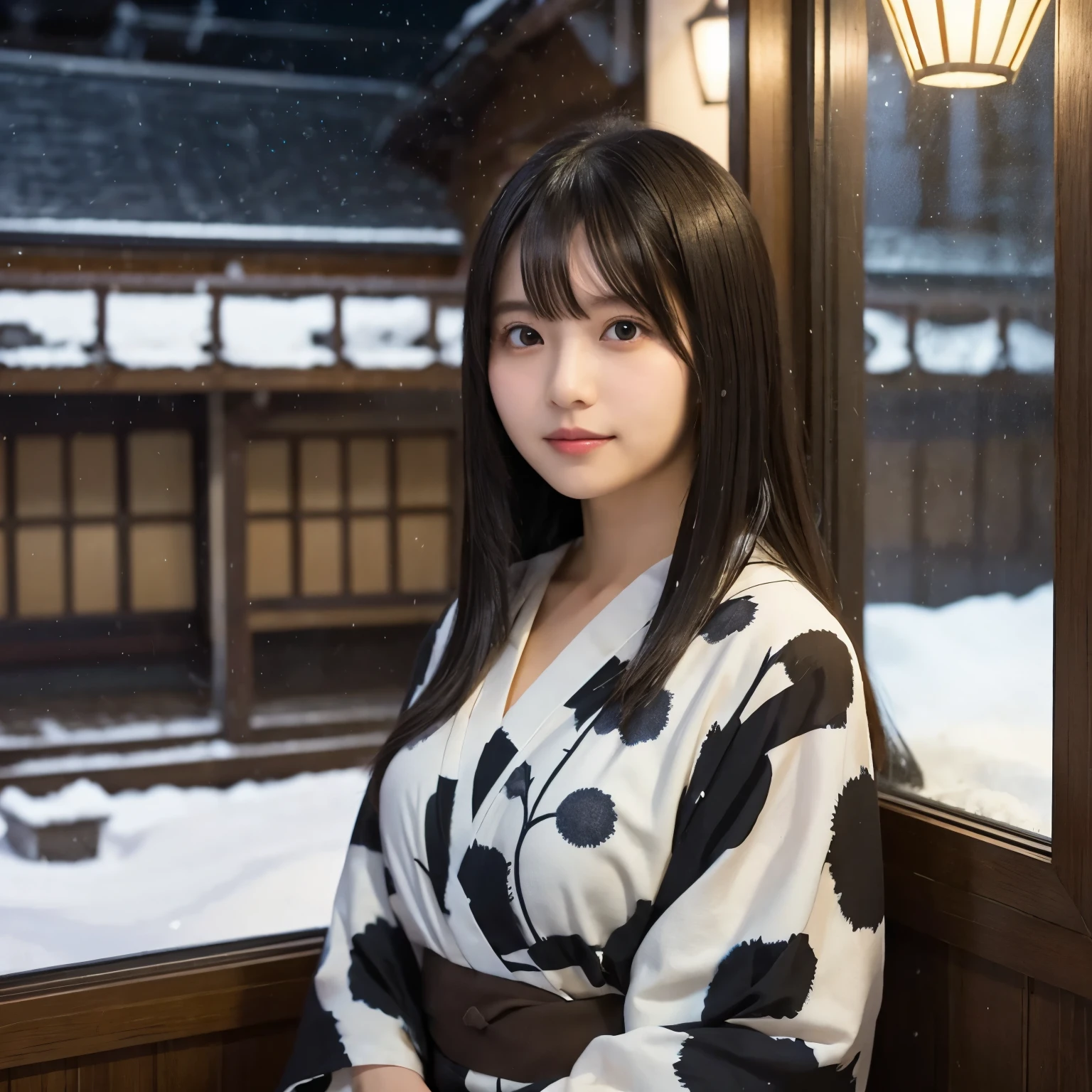  girl, busty,  black hair,  straight hair,  with bangs, yukata,  accommodation, 's greatest masterpiece,  professional lighting, Snow scene outside the window, night