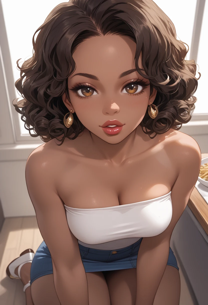 Almond-eyed Dark Mocha-skin tonned African-American woman with Short dark curly hair, juicy lips, a large chest, thick thighs, Perfect hands. She is wearing a white tube top , lipgloss , and a jean plated skirt. She  has a puppy dog look  in her eyes. She is holding French fries to the viewer. Her Breast pushed  up against the  Darkskin man's Chest.  In a restaurant booth Above PoV view. close up.  